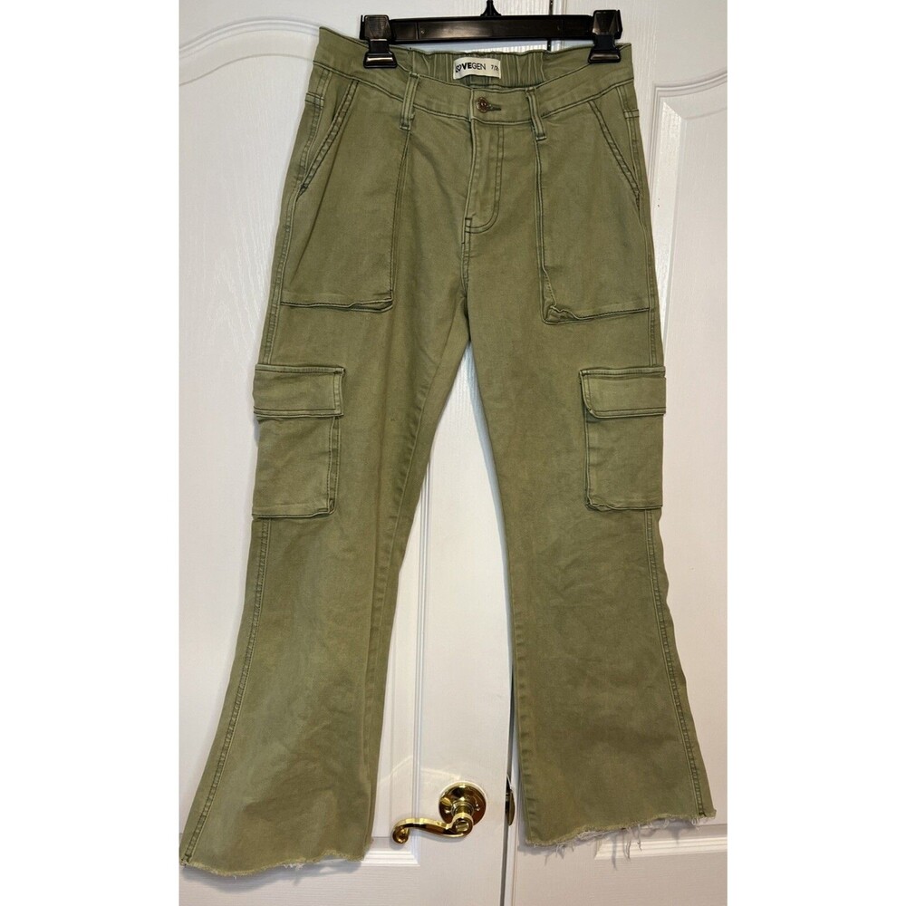 LoveGen Sage Green Cargo Pocket Utility Wide Leg Pants Raw Hem 7/29 Gorpcore